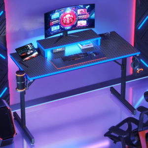 42 inch gaming desk with led lighting, monitor stand, hook, and cup holder in blue
