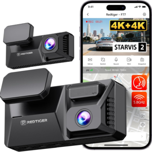 f77 4k+4k dash cam front and rear, dual starvis 2 imx678 hdr, built in 128gb emmc, voice control dash camera for cars with 5.8ghz wifi, 4'' touch screen, gps, night vision, 24h parking mode