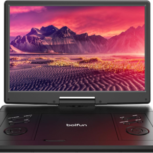 15.7" portable dvd player with 14.1" large hd screen, 6 hours rechargeable battery, support usb/sd card/sync tv and multiple disc formats, high volume speaker, classic black,