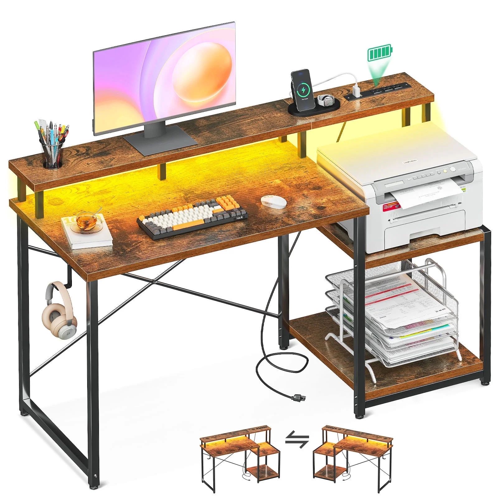 48 inch computer desk with monitor stand and led lighting, home office desk featuring adjustable storage shelf and cpu stand, white finish 48 inch computer desk with monitor stand and led lighting, home office desk featuring adjustable storage shelf and cpu stand, white finish