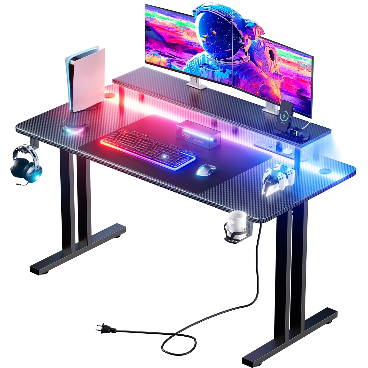 63 inch gaming desk with led lighting and integrated power outlet, featuring monitor stand for enhanced gaming experience 63 inch gaming desk with led lighting and integrated power outlet, featuring monitor stand for enhanced gaming experience