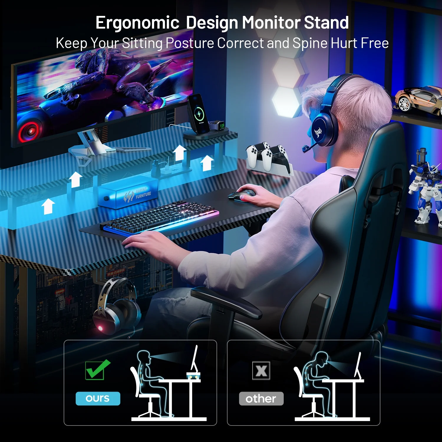 63 inch gaming desk with led lighting and integrated power outlet, featuring monitor stand for enhanced gaming experience 63 inch gaming desk with led lighting and integrated power outlet, featuring monitor stand for enhanced gaming experience