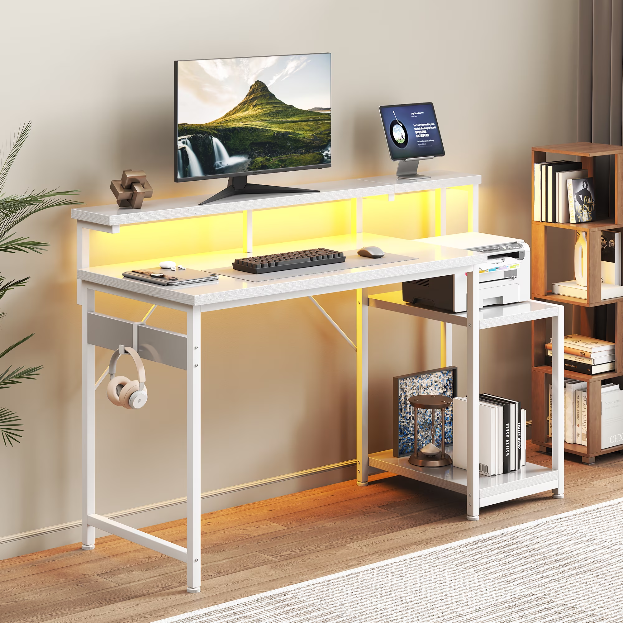 48 inch computer desk with monitor stand and led lighting, home office desk featuring adjustable storage shelf and cpu stand, white finish 48 inch computer desk with monitor stand and led lighting, home office desk featuring adjustable storage shelf and cpu stand, white finish