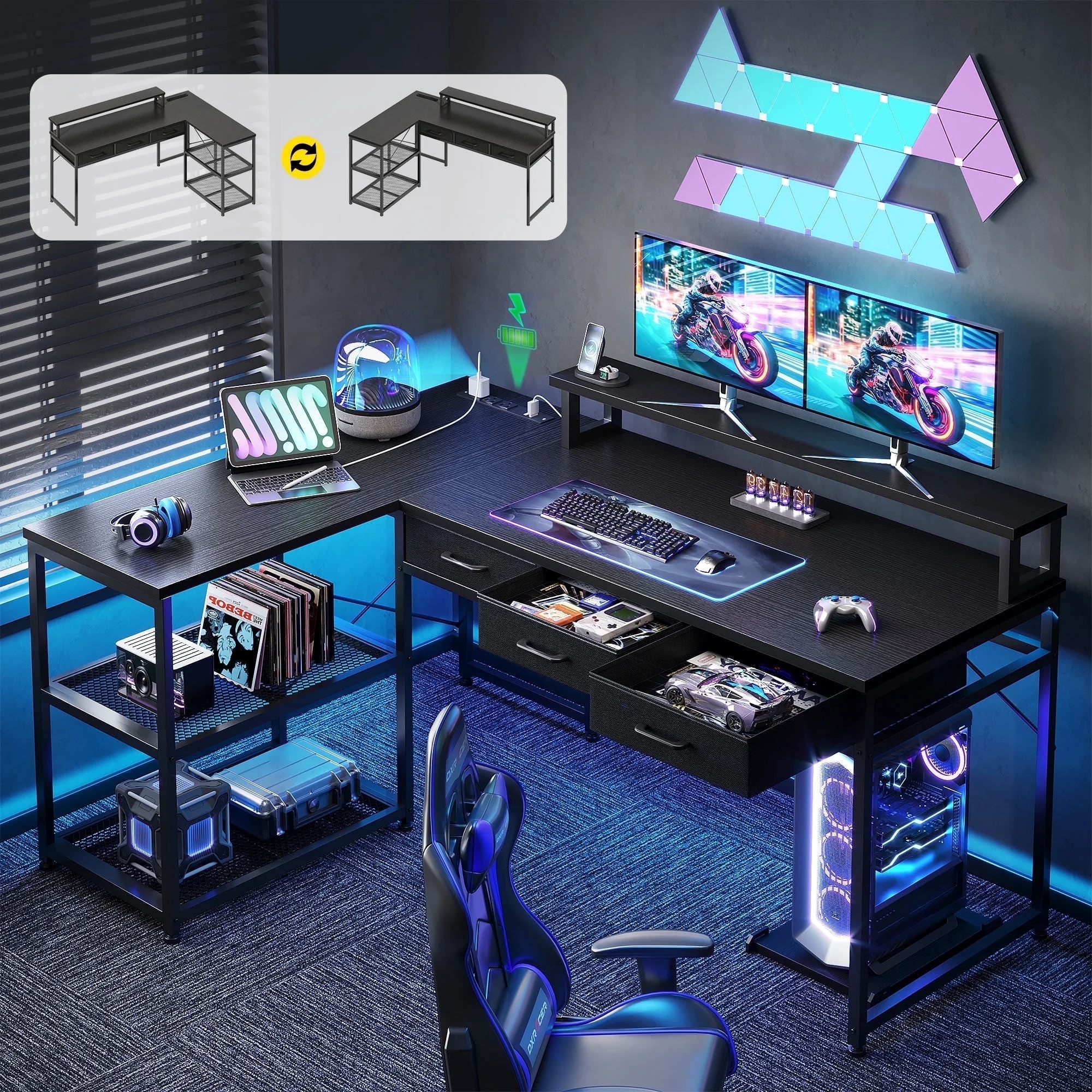 48 inch computer desk with monitor stand and led lighting, home office desk featuring adjustable storage shelf and cpu stand, white finish 48 inch computer desk with monitor stand and led lighting, home office desk featuring adjustable storage shelf and cpu stand, white finish