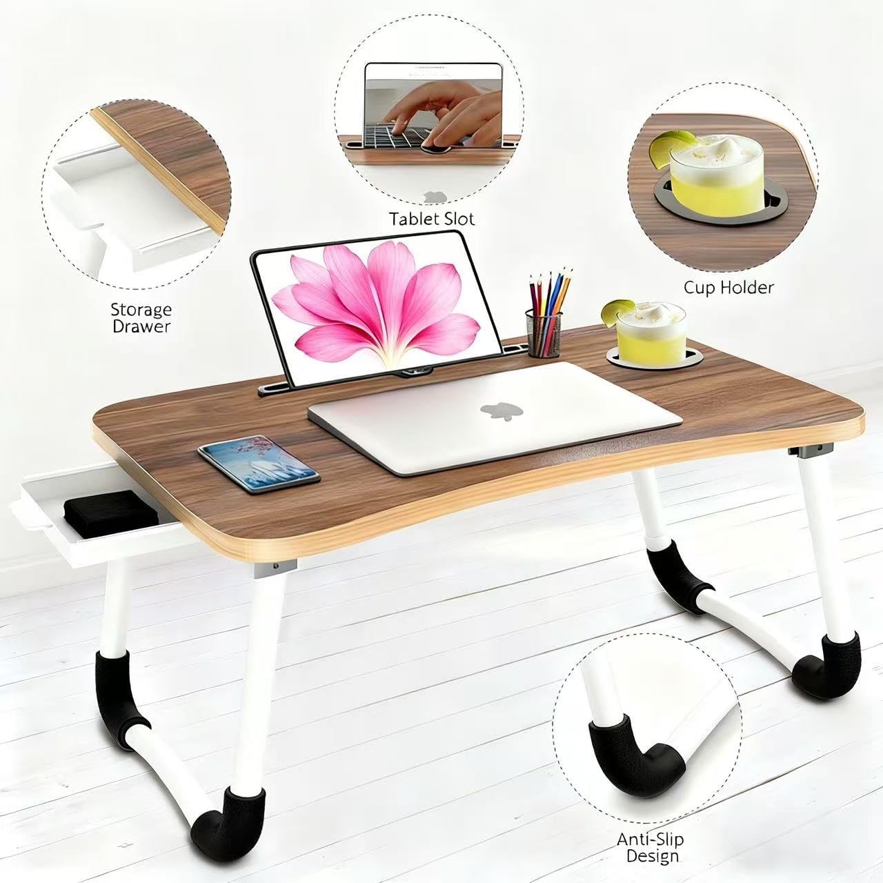 portable foldable laptop bed desk with storage drawer and cup holder lap desk laptop stand tray table for eating, reading and working portable foldable laptop bed desk with storage drawer and cup holder lap desk laptop stand tray table for eating, reading and working