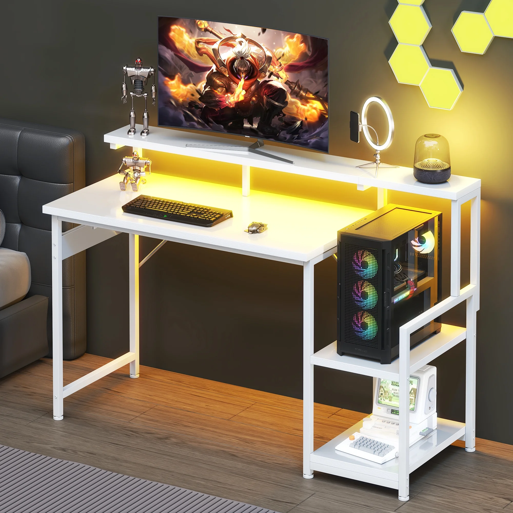 48 inch computer desk with monitor stand and led lighting, home office desk featuring adjustable storage shelf and cpu stand, white finish 48 inch computer desk with monitor stand and led lighting, home office desk featuring adjustable storage shelf and cpu stand, white finish
