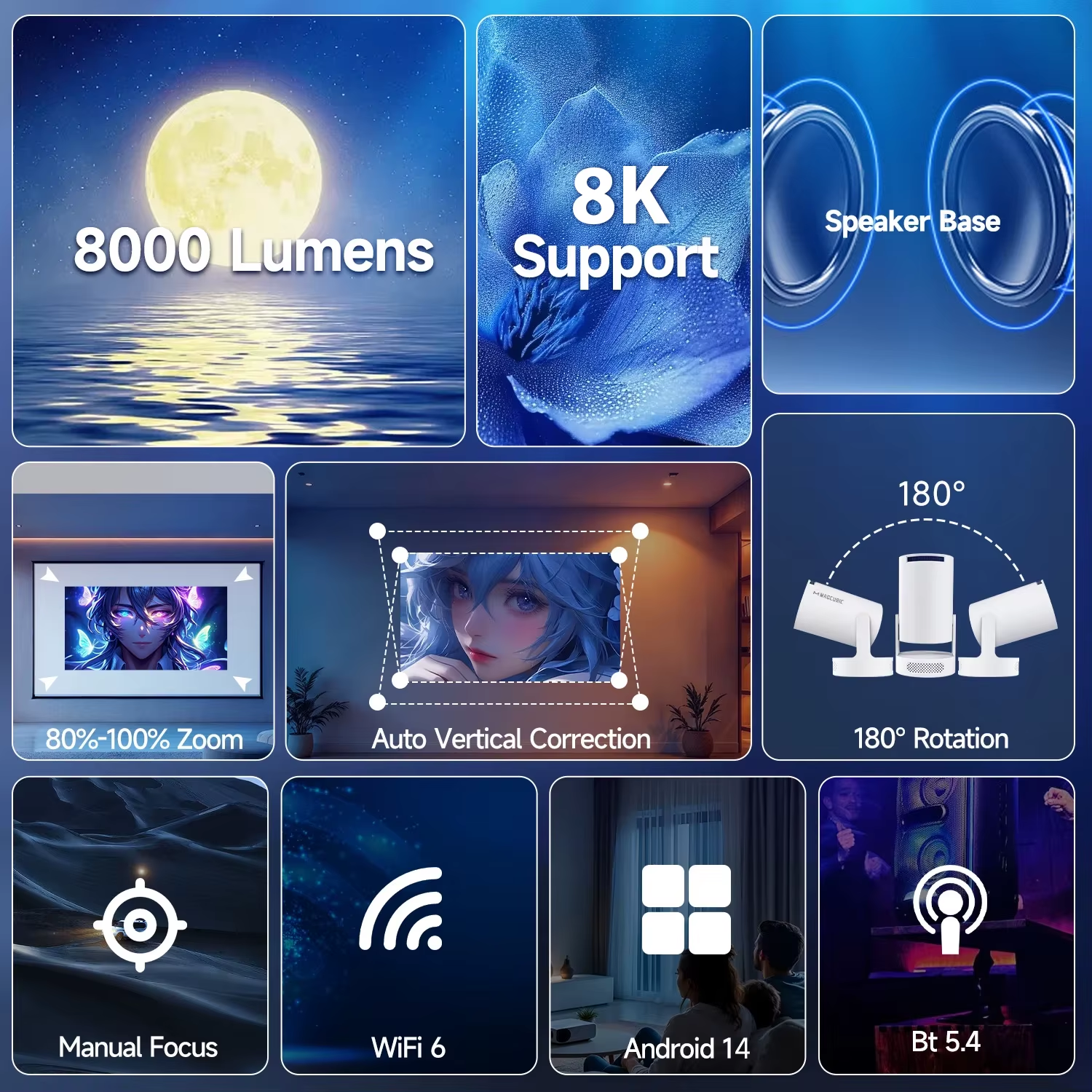hy300 pro 8k android projector with dual wifi 6, 290 ansi lumens brightness, allwinner h726 processor, bluetooth 5.4, 1080p, and 1280x720 resolution for home cinema and outdoor applications hy300 pro 8k android projector with dual wifi 6, 290 ansi lumens brightness, allwinner h726 processor, bluetooth 5.4, 1080p, and 1280x720 resolution for home cinema and outdoor applications