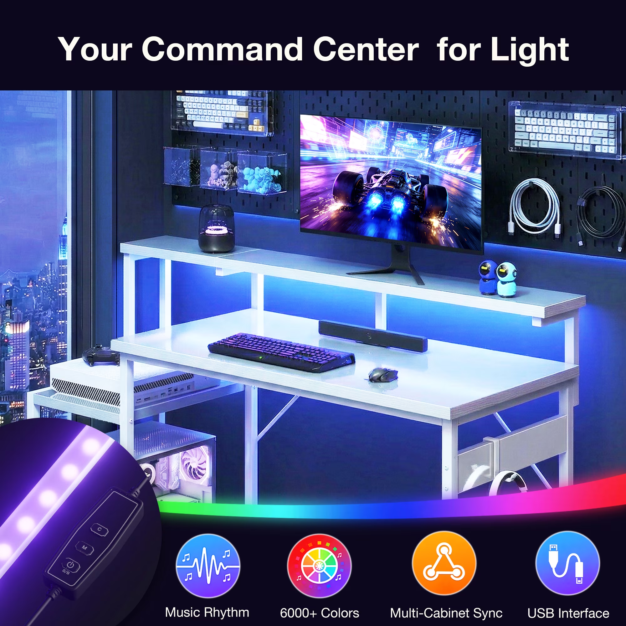 48 inch computer desk with monitor stand and led lighting, home office desk featuring adjustable storage shelf and cpu stand, white finish 48 inch computer desk with monitor stand and led lighting, home office desk featuring adjustable storage shelf and cpu stand, white finish