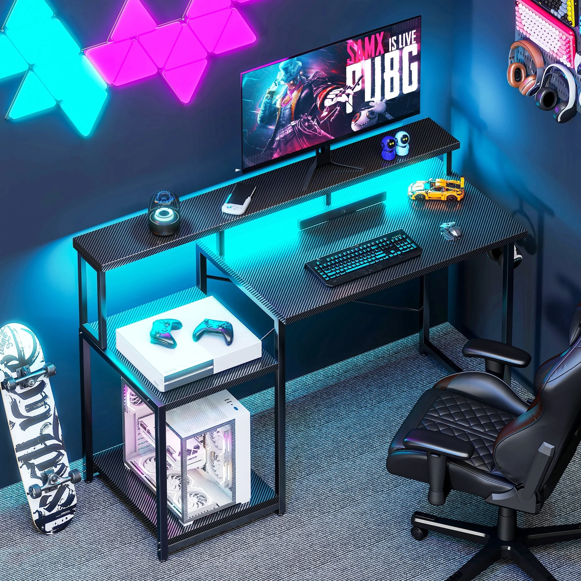 48 inch computer desk with monitor stand and led lighting, home office desk featuring adjustable storage shelf and cpu stand, white finish 48 inch computer desk with monitor stand and led lighting, home office desk featuring adjustable storage shelf and cpu stand, white finish