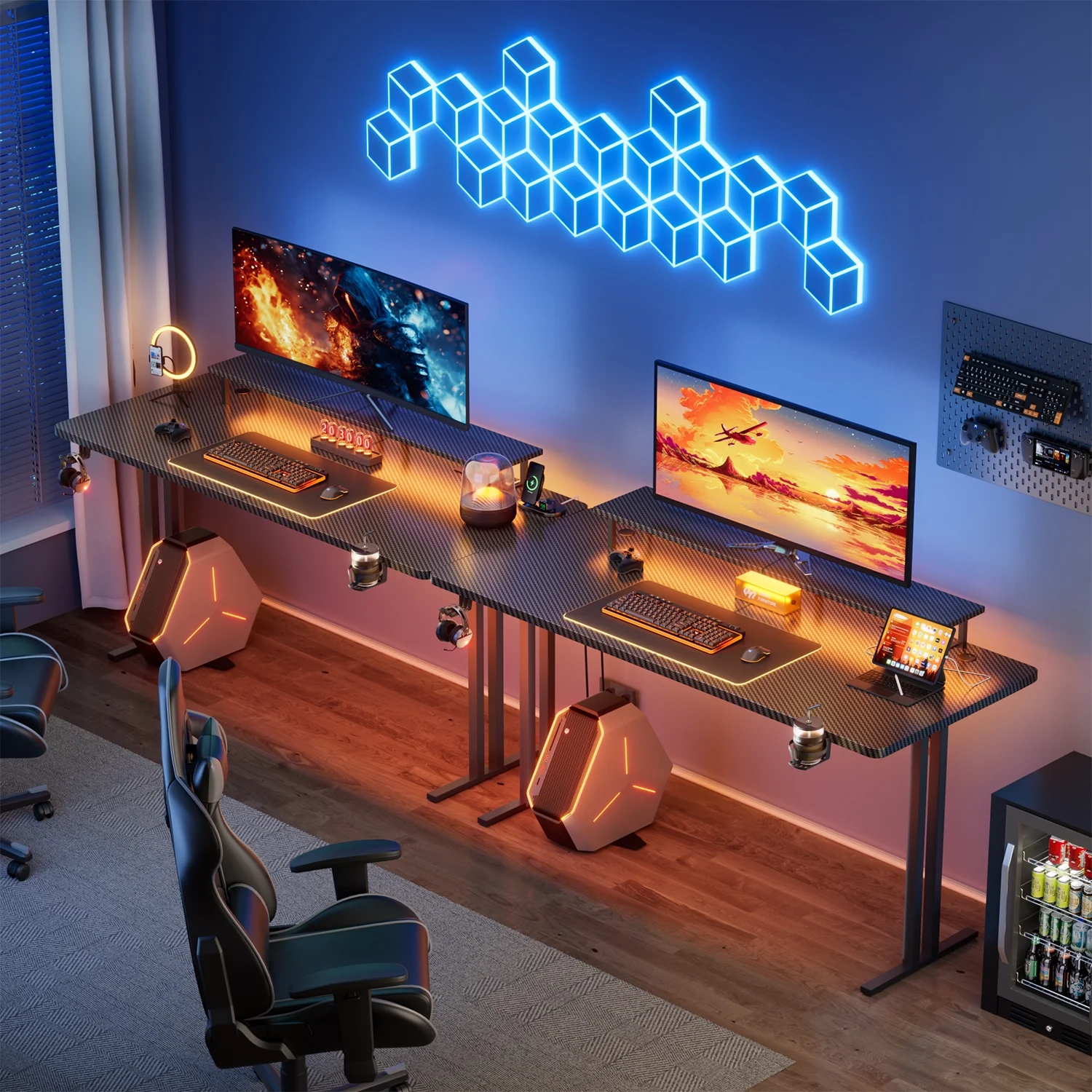 63 inch gaming desk with led lighting and integrated power outlet, featuring monitor stand for enhanced gaming experience 63 inch gaming desk with led lighting and integrated power outlet, featuring monitor stand for enhanced gaming experience
