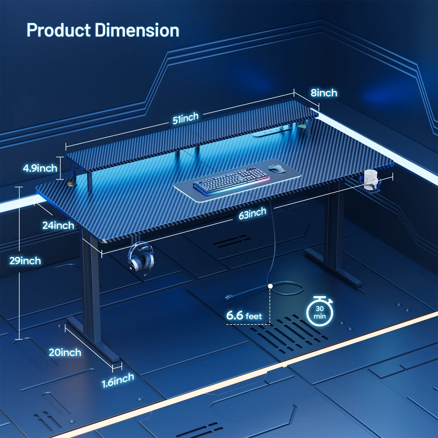 63 inch gaming desk with led lighting and integrated power outlet, featuring monitor stand for enhanced gaming experience 63 inch gaming desk with led lighting and integrated power outlet, featuring monitor stand for enhanced gaming experience