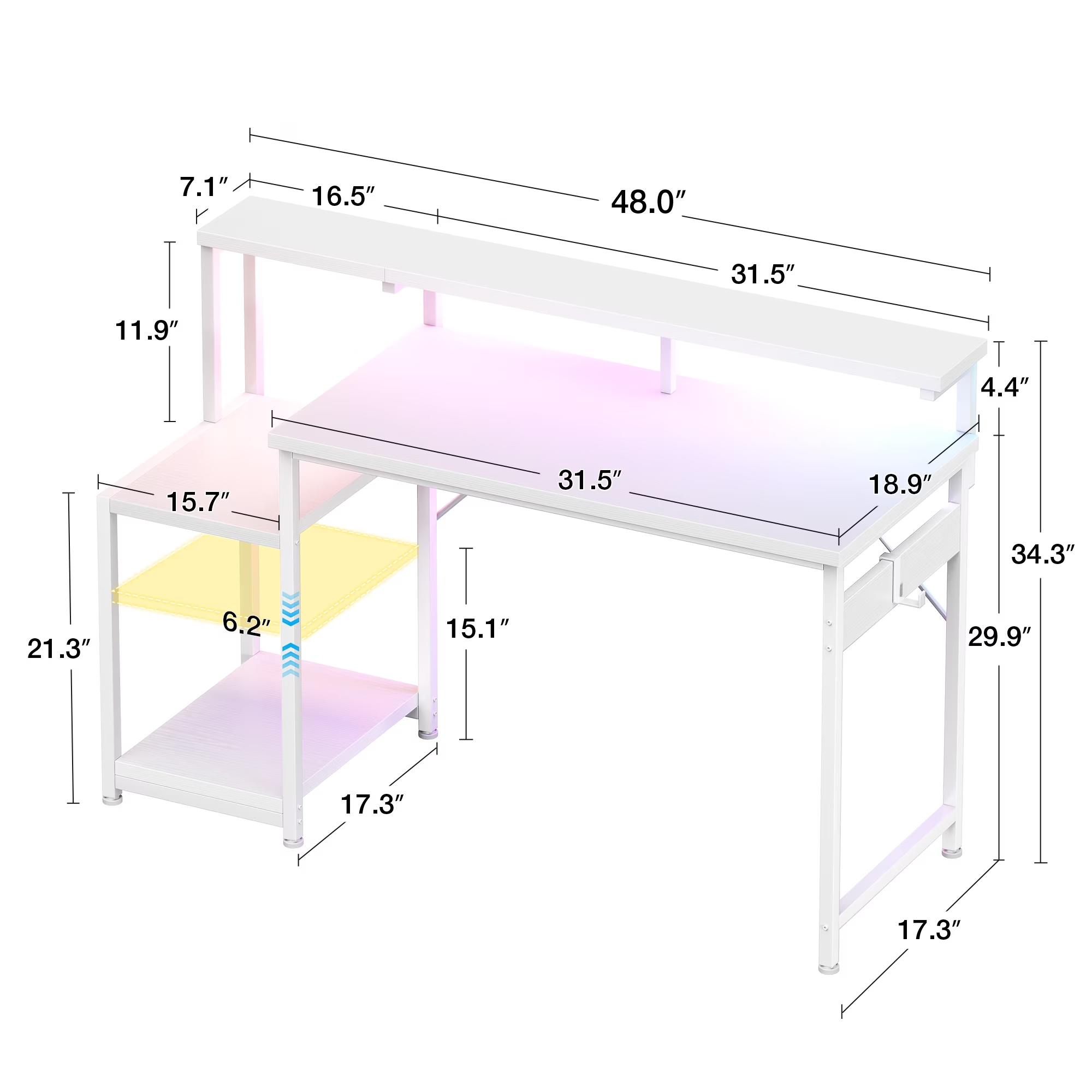 48 inch computer desk with monitor stand and led lighting, home office desk featuring adjustable storage shelf and cpu stand, white finish 48 inch computer desk with monitor stand and led lighting, home office desk featuring adjustable storage shelf and cpu stand, white finish