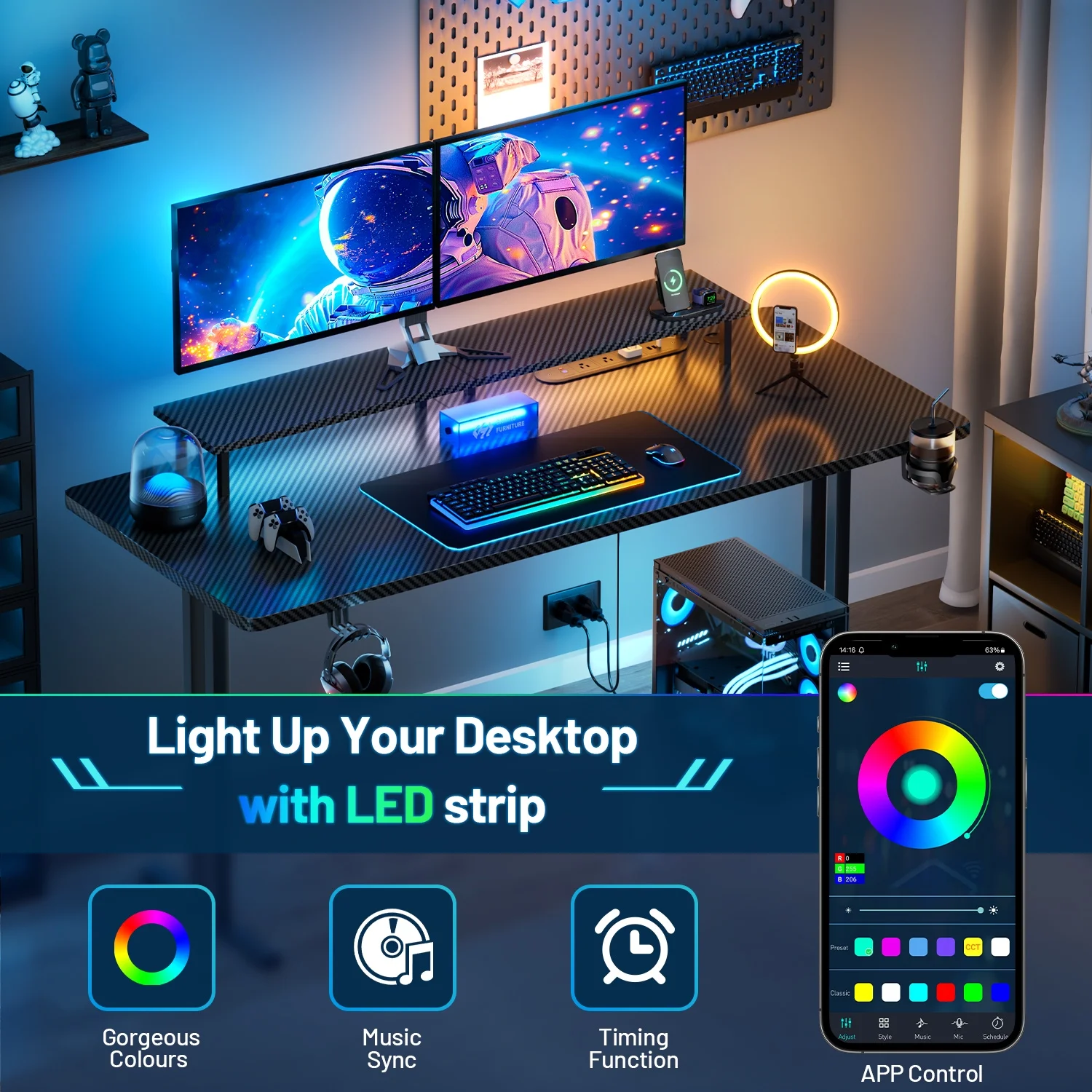 63 inch gaming desk with led lighting and integrated power outlet, featuring monitor stand for enhanced gaming experience 63 inch gaming desk with led lighting and integrated power outlet, featuring monitor stand for enhanced gaming experience