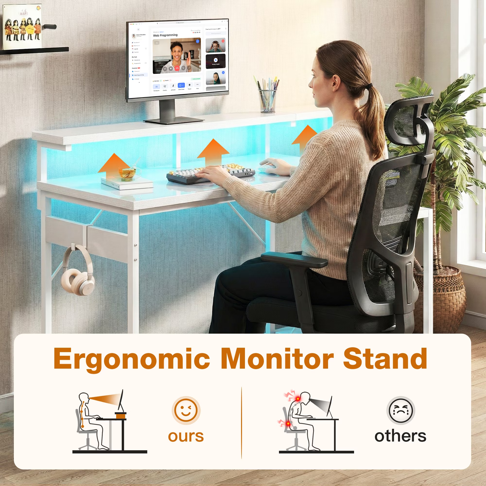 48 inch computer desk with monitor stand and led lighting, home office desk featuring adjustable storage shelf and cpu stand, white finish 48 inch computer desk with monitor stand and led lighting, home office desk featuring adjustable storage shelf and cpu stand, white finish