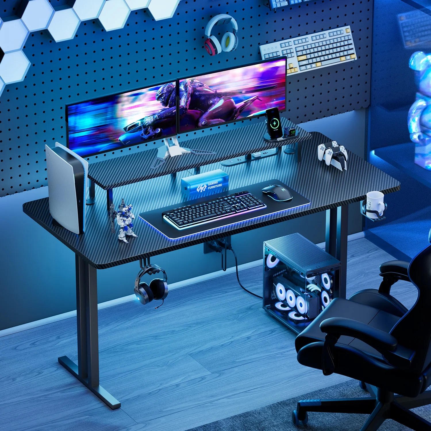 63 inch gaming desk with led lighting and integrated power outlet, featuring monitor stand for enhanced gaming experience 63 inch gaming desk with led lighting and integrated power outlet, featuring monitor stand for enhanced gaming experience