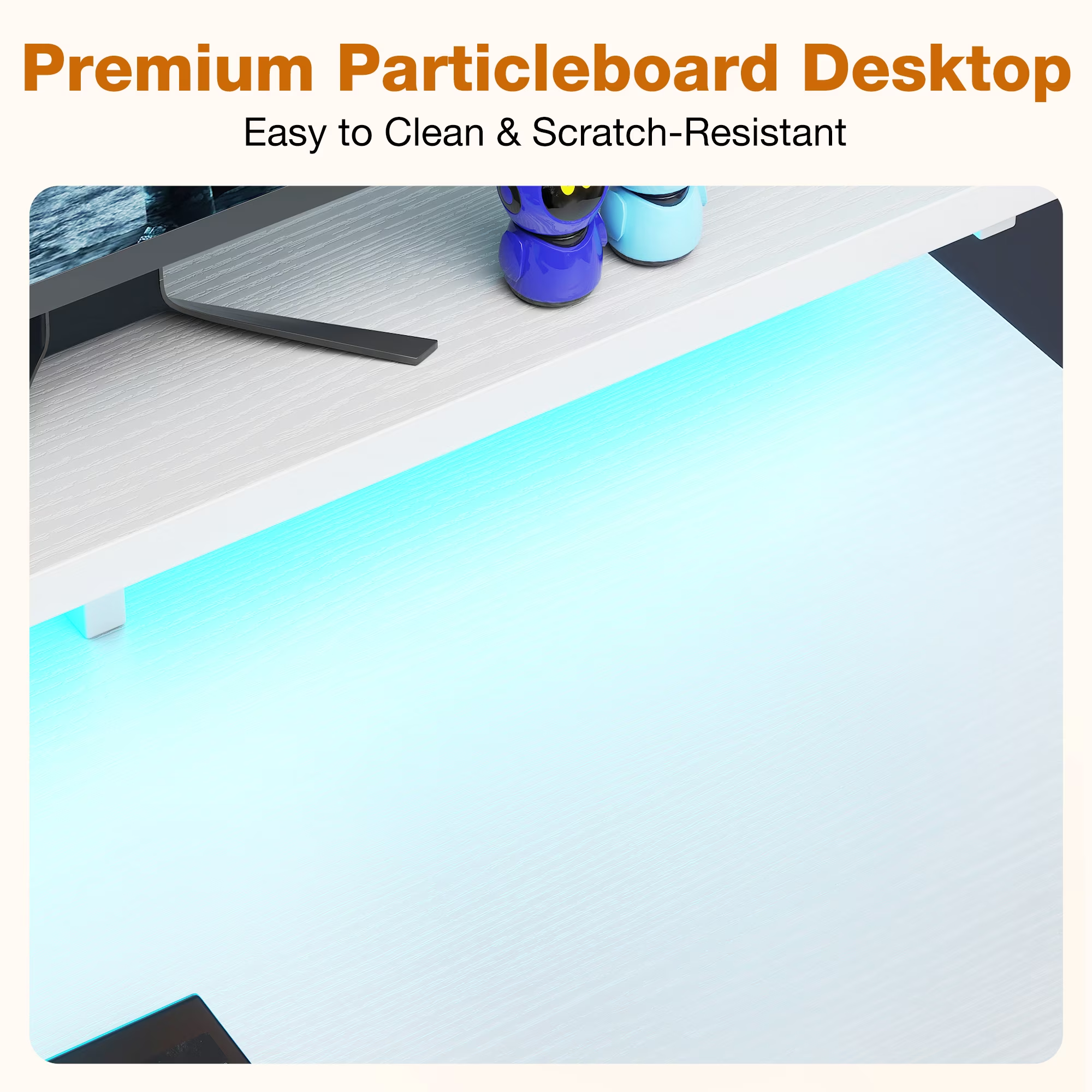 48 inch computer desk with monitor stand and led lighting, home office desk featuring adjustable storage shelf and cpu stand, white finish 48 inch computer desk with monitor stand and led lighting, home office desk featuring adjustable storage shelf and cpu stand, white finish